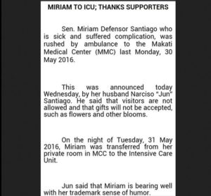 Miriam Santiago Rushed To ICU