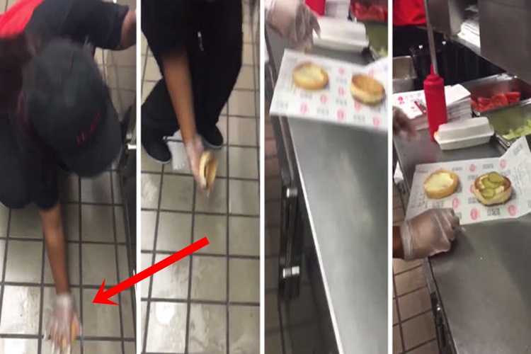Viral:Fast Food Worker Filmed Wiping Burger Bun On The Filthy Floor