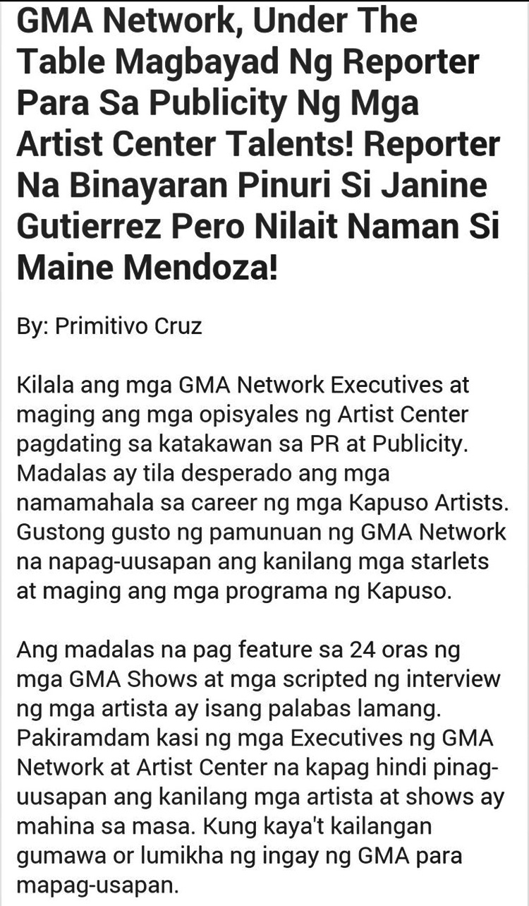 GMA Network Allegedly Pays Reporters To Build Up Janine Gutierrez's