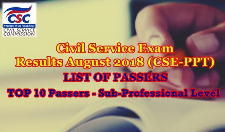 Civil Service Exam Results August 2018 Top 10 passers sub-prof