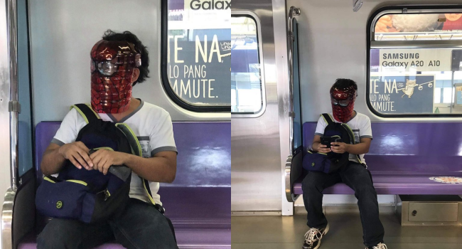 Man On LRT-2 Lauded For Turning DIY Bottle To Spiderman Face Shield