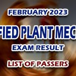 Certified Plant Mechanic Exam Result February 2023 - LIST OF PASSERS