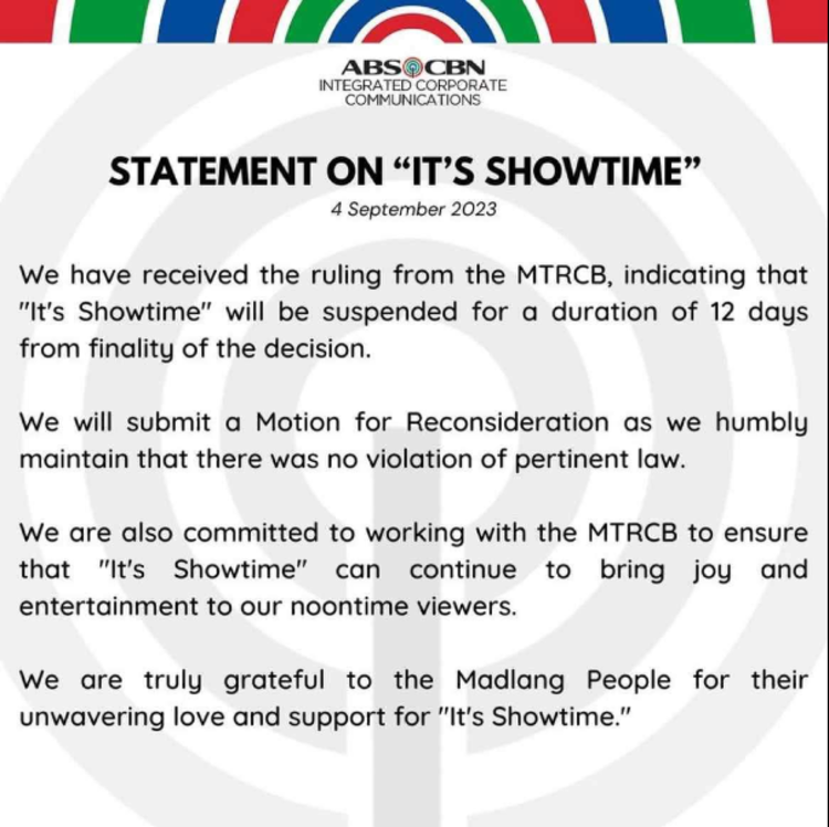 ABS-CBN Statement on It's Showtime Suspension