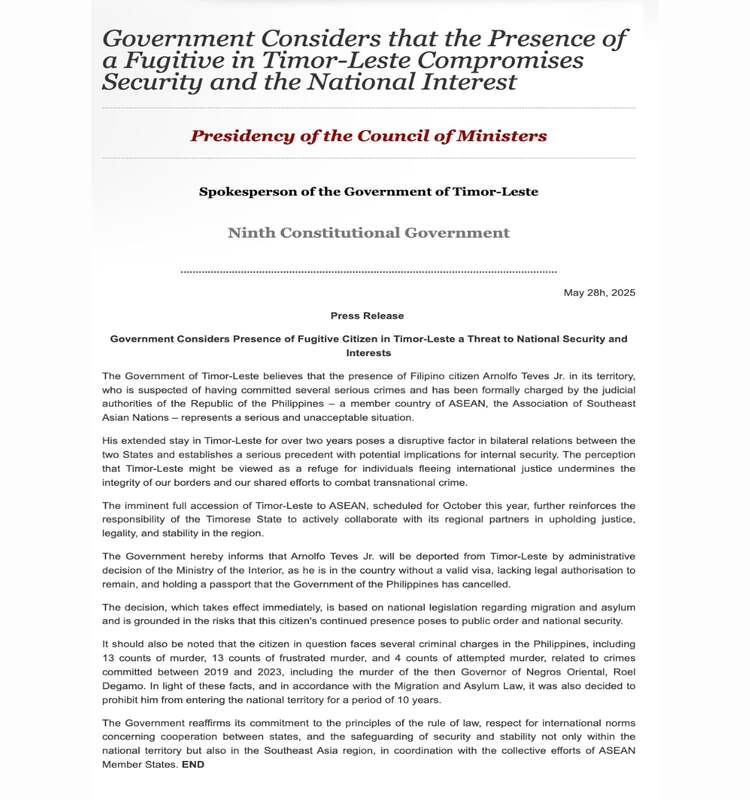 TYimor Leste on Teves Arrest